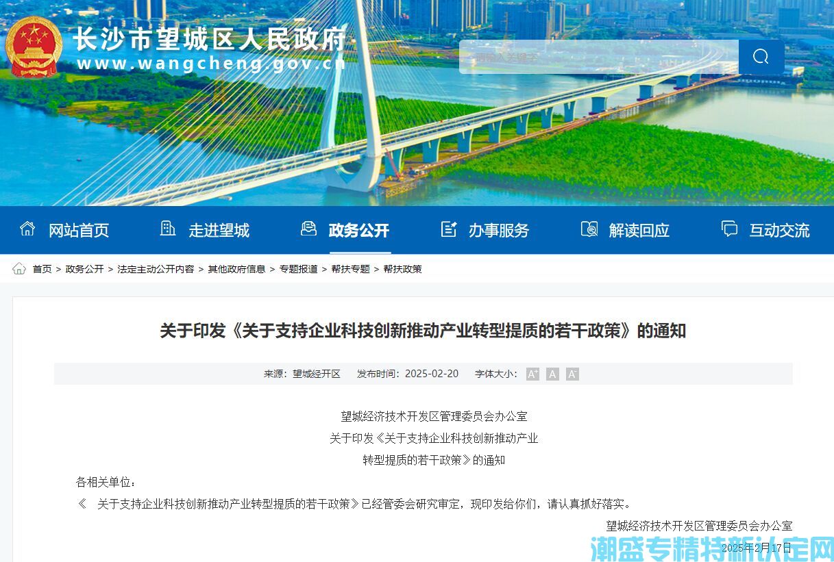 长沙市望城区经开区"专精特新"奖励政策：关于支持企业科技创新推动产业转型提质的若干政策