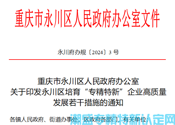重庆市永川区"专精特新"奖励政策：永川区培育“专精特新”企业高质量发展若干措施