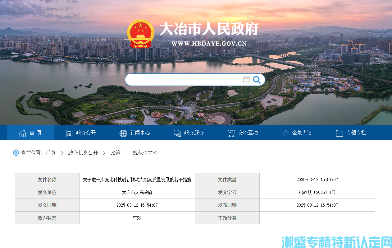 黄石市大冶市"专精特新"奖励政策：关于进一步强化科技创新推动大冶高质量发展的若干