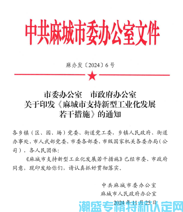 黄冈市麻城市"专精特新"奖励政策：麻城市支持新型工业化发展若干措施