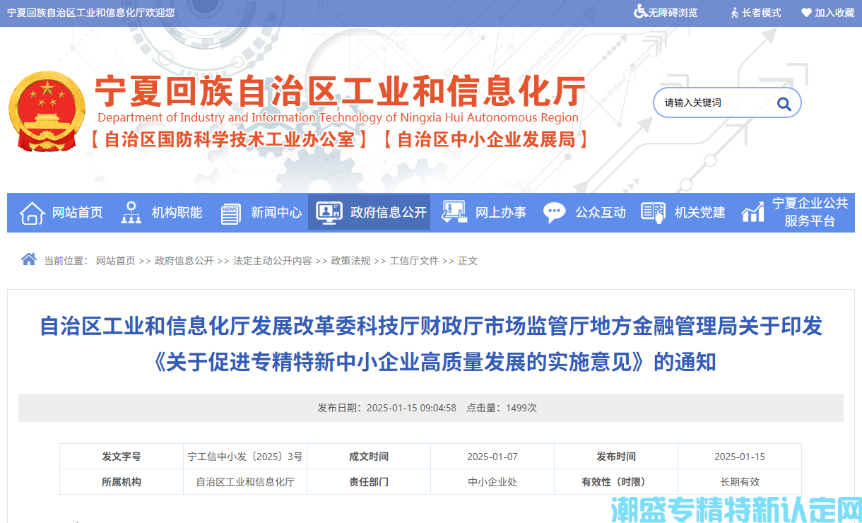 [宁夏自治区]关于促进专精特新中小企业高质量发展的实施意见
