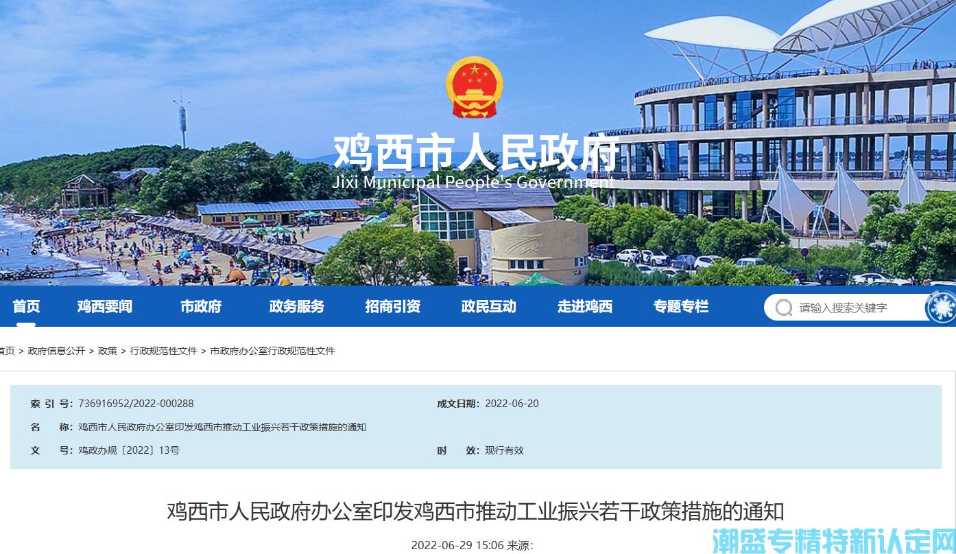 鸡西市"专精特新"奖励政策：鸡西市推动工业振兴若干政策措施